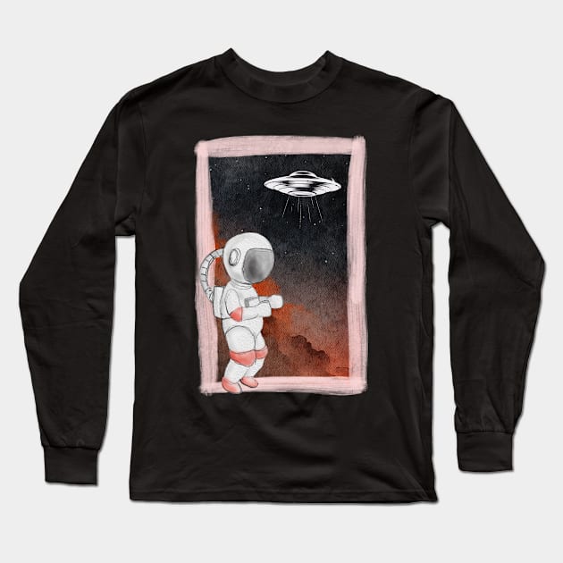Floating astronaut Ufo alien abduction funny cute spaceship moon mars cosmic space Long Sleeve T-Shirt by BoogieCreates